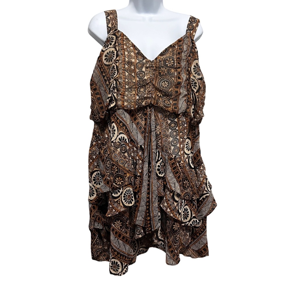 Lane Bryant Women Y2K Boho Ruffle Tunic‎ Top 22/24 Brown Indie Handkerchief Hem